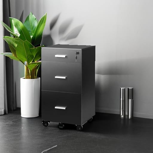 DEVAISE 3 Drawer Rolling File Cabinet with Lock Wood Filing Cabinet fits Letter / A4 Size for Home Office Black