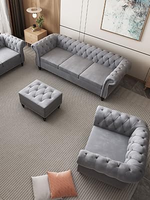 Chesterfield 3 Seater Sofa Sofa Couch with Rolled Arms Tufting Nailhead Trim Large Couch for Living RoomBedroom Office Apartment (Velvet Grey)