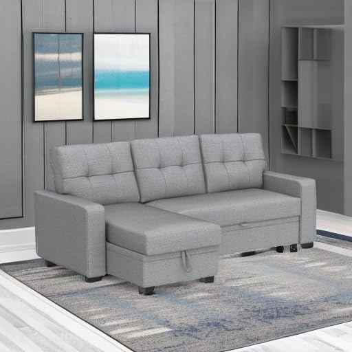 Devion Furniture L-Shaped Polyester Fabric Reversible Easy Convertible Pull-Out Sleeper Sectional Sofa/Storage Chaise with Tufted Back Cushions and Track Arms in Light Gray