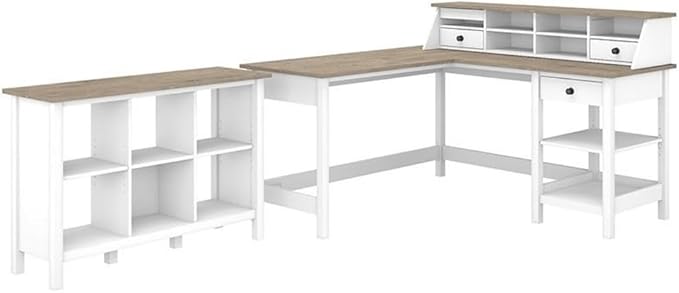 Pemberly Row 60W L Shaped Desk with Organizer and 6 Cube Bookcase Pure White and Shiplap Gray Finish Modern Farmhouse Home Office Furniture Set with Storage Durable Design and Adjustable Shelves