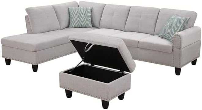 Sophisticated Simplicity Sectional Sofa with Ottoman Living Room Set Left Facing Chaise 2 Cup Holders 2 Throw Pillows Tufted Back and Seat - 99.5 D x 67 W x 32 H Light Gray