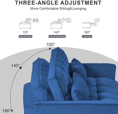 Modern Velvet Sofa Bed with 3-Level Adjustable Backrest &amp Included Pillows Pull Out Convertible Sleeper Chair with High Density Foam for Small Spaces (Blue)