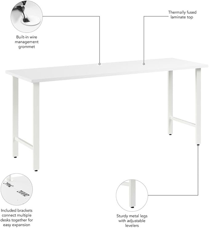 Pemberly Row 72W x 24D Computer Desk Engineered Wood White Finish Metal Legs Built-in Wire Management Durable Large Workspace Modern Home Office or Professional Desk