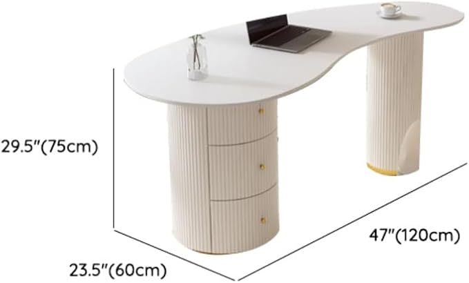 LITFAD Computer Desk Irregular Sintered Stone Home Office Desk with 3 Drawers Modern Style Boss Table Beauty Salon Reception and Consultation Table Matte White 47L x 23.5W x 29.5H Table Only