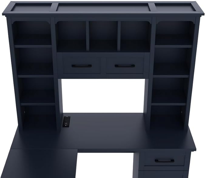 Polibi L-Shaped Computer Desk with Storage - 2-in-1 Design with 2 Drawers and 2 Cabinets 11 Open Shelves &amp Power Outlet for Home Office Study Room Antique Blue