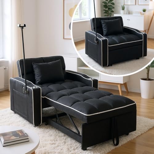 Convertible Sleeper Chair Pull Out Chair Sleeper with Bracket and Cup Holder Chairs Bed Sleepers for Adults 3 in 1 Sofa Bed Chairs for Small Spaces Living Room Black