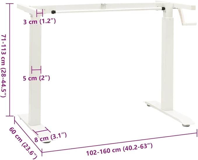 vidaXL Standing Desk Frame Adjustable Desk Legs with Hand Crank System Stand up Desk Base Standing Frame for Computer Desks Home Office White