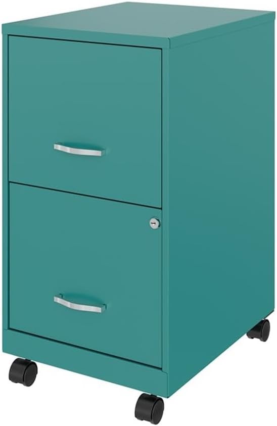 Pemberly Row 18 2-Drawer Mobile Metal File Cabinet Teal Finish Locking Casters Commercial Grade Ball-Bearing Slides Tamper-Resistant Drawers Office Storage and Organization Solution