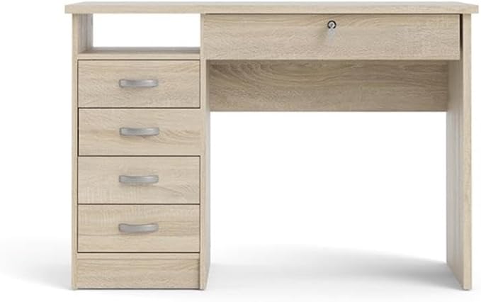 Pemberly Row Contemporary Desk with 5 Drawers 43 in Wide Engineered Wood Oak Finish Lockable Drawer Open Shelf Scandinavian Design for Home Office or Living Room