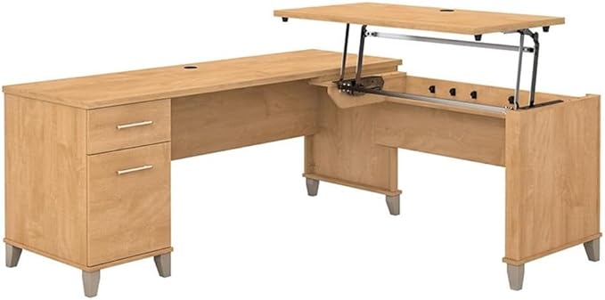 Pemberly Row 72W Sit to Stand L Shaped Desk Maple Cross Finish Adjustable Height 37-43 in Lift-n-Lock System File Drawer Wire Management Ergonomic Office Desk for Workplace or Home Office Use