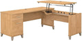 Pemberly Row 72W Sit to Stand L Shaped Desk Maple Cross Finish Adjustable Height 37-43 in Lift-n-Lock System File Drawer Wire Management Ergonomic Office Desk for Workplace or Home Office Use