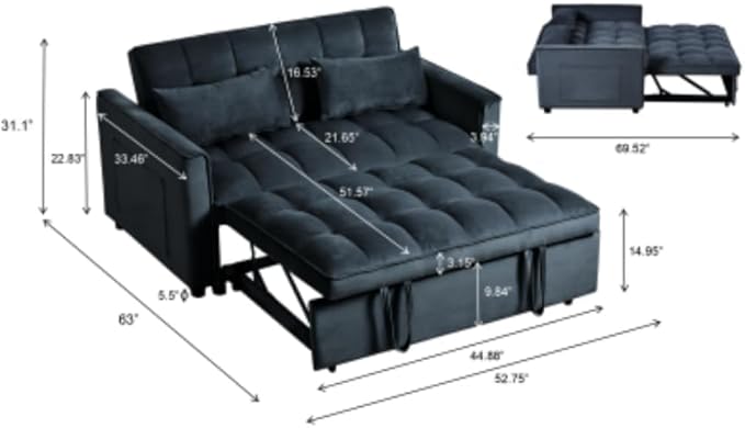 Convertible Sofa Bed Pull Out Couch with Side Pockets 3 in 1 Velvet Fabric Loveseat Sleeper Sofa Bed Pull Out Couch with Adjustable Backrest for Living Room Bedroom Apartment Black