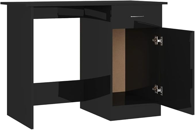 vidaXL High Gloss Black Desk in Engineered Wood - Modern Design with Drawer and Door Ideal for Office/Study/Dormitory/Hallway - Easy to Clean Surface (39.4 x 19.7 x 29.9)