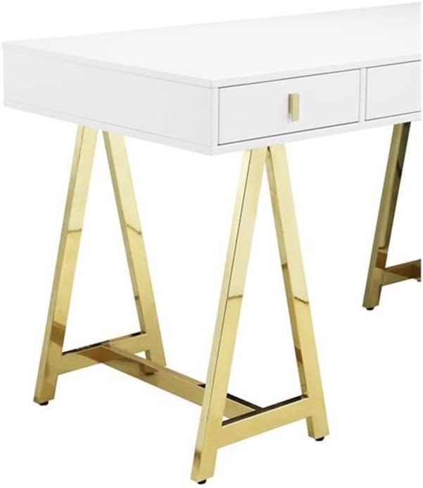 Pemberly Row Modern Lacquer Writing Desk 55 in Wide Steel Metal Frame White and Gold Finish 3 Drawers High Gloss Design Home Office Desk for Workspace or Study