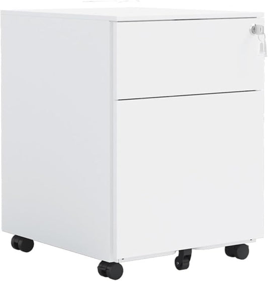 Mobile File Cabinet Steel Mobile File Cabinet with 2 Drawers Lock Steel File Cabinet for Home Office Legal Letter A4 F4 Size 15.35x7.72x21.18 Inch(White)