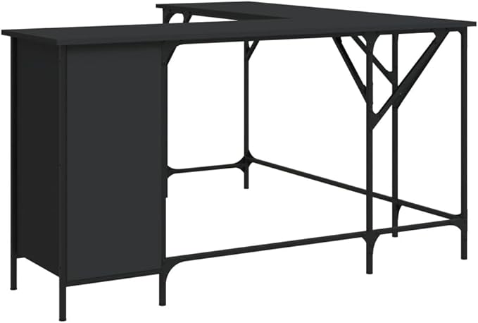 Black Engineered Wood Corner Desk 55.5-inch Industrial L-Shaped Computer Table with Adjustable Feet for Home Office Study Gaming