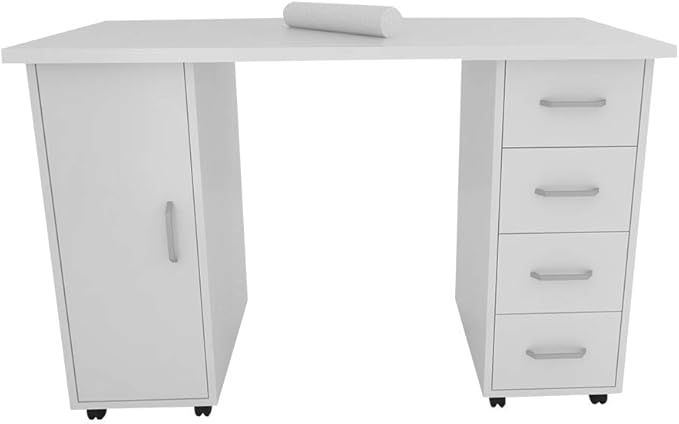 Rolling Desk Table White Computer Desk with 4 Drawers1 DoorWriting Home Office Workstation Mobile Home Office Desk Study Writing Desk with Smooth WheelsSpace Saving Compact Desk for Dorm Apartment