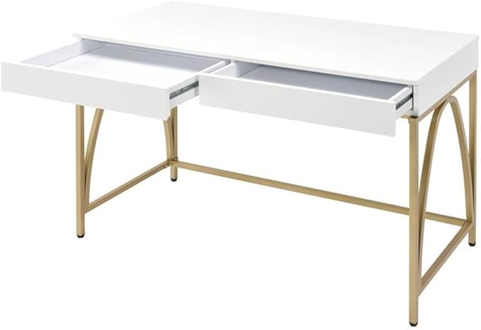 Pemberly Row Lightmane Wooden Top Writing Desk 50 W x 30 D x 31 H White High Gloss Finish with Gold Metal Legs 2 Storage Drawers Rectangular Computer Desk for Home Office
