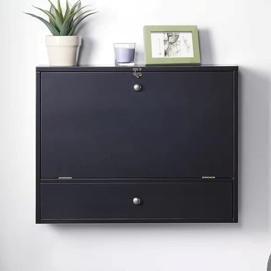 TRP Glam Style Home Office Floating Desk for Wall | Fold-Down Spacious Writing SurfaceMultiple Sized Storage Cubbies | Laptop Solid Wood Manufactured Ultra Durable | Easy Assemble Dark Black Color