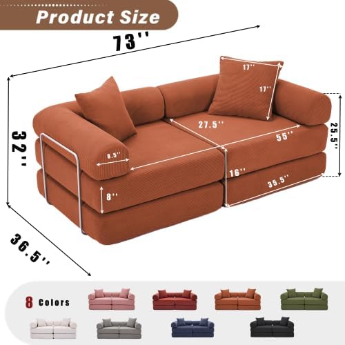 Foldable Sofa Bed 75 Inch Boneless Couch Convertible Memory Foam Sleeper Sofabed Floor Mattress with 2 Pillows Microfiber Cloud Sofa for Living Room Apartment No Assembly (Orange)