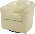 Pemberly Row Bonded Leather Swivel Tub Chair Beige Finish 29.5 H x 30 W x 29.5 D Solid Birch Wood Legs Dark Mahogany Accent Durable Upholstered Accent Chair for Living Room or Office Use