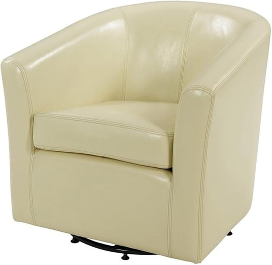 Pemberly Row Bonded Leather Swivel Tub Chair Beige Finish 29.5 H x 30 W x 29.5 D Solid Birch Wood Legs Dark Mahogany Accent Durable Upholstered Accent Chair for Living Room or Office Use