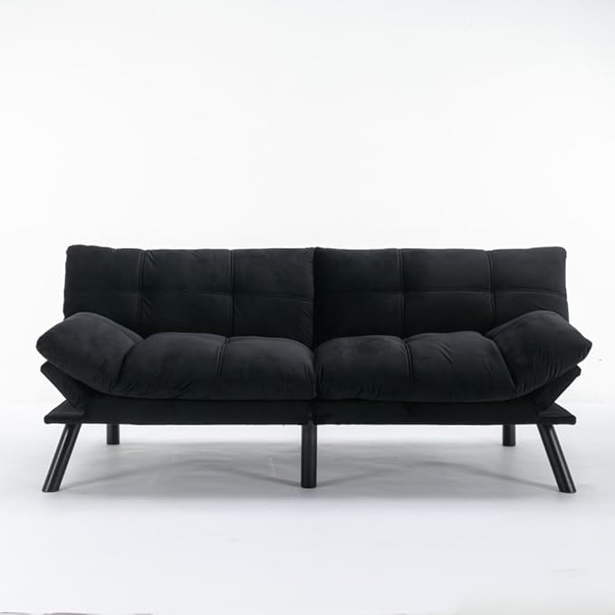 LLS 70.87 Velvet Futon Sofa Bed Modern Convertible Sleeper Sofa Couch with Adjustable Backrest and Armrests Tufted Loveseat Sofa with Metal Legs for Living Room Bedroom Apartment Black