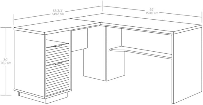 Pemberly Row Engineered Wood L-Shaped Desk 59 in x 58 in x 30 in Ashen Oak Finish Durable Home Office Desk with Storage Drawers and Shelves Compact Workspace for Study or Dorm Room Use