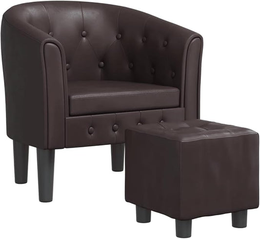 vidaXL Brown Heritage Faux Leather Tub Chair with Footstool - Ultra-Comfortable Padded Seat Armrest and Backrest - Ideal for Living Room Bedroom Office or Lounge