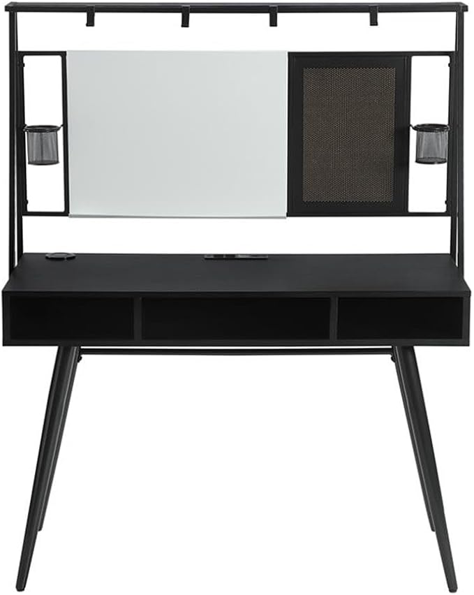 Pemberly Row Wood Writing Desk 57.5 H x 46.5 W x 20.5 D Black and Gunmetal Finish USB Ports Wireless Charger Whiteboard Modern Space-Saving Design Multifunctional Home Office Desk with