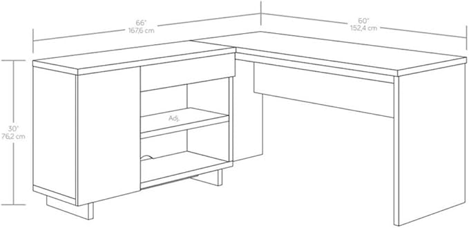 Pemberly Row Engineered Wood Desk with Credenza 30 H x 60 W x 65.98 D Haze Acacia/Natural Finish Adjustable Storage Shelves Drawer Cord Management L-Shaped Home Office Desk