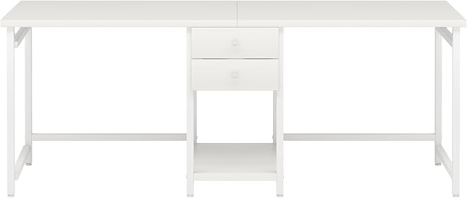 79 Inch White Two Person Desk with Drawers Extra Long Desk with Storage Shelves Double Home Office Desk with Hooks 2 Person Writing Study Table Workstation for Home Office