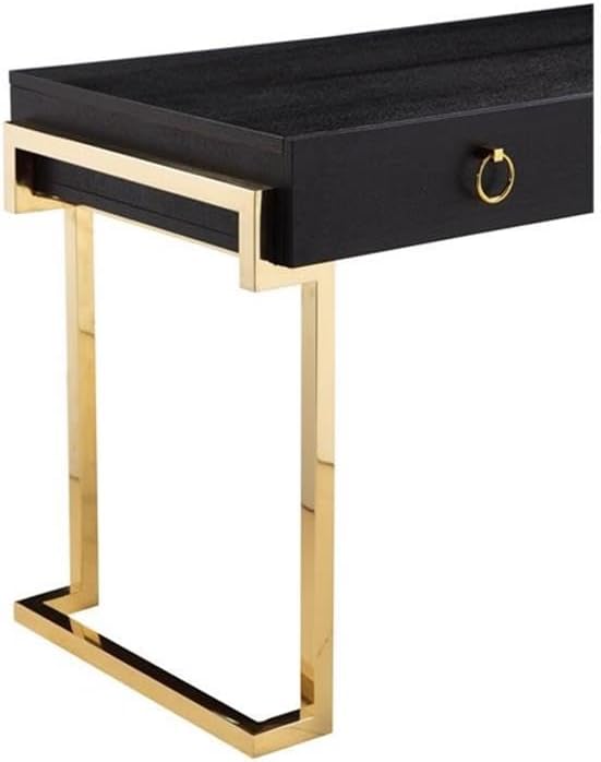 UrbanPro Writing Desk 50 in W x 24 in D x 30 in H Stainless Steel and Black Ash Veneer Gold Finish Handmade Furniture with Soft Close Drawers Modern Home Office Desk