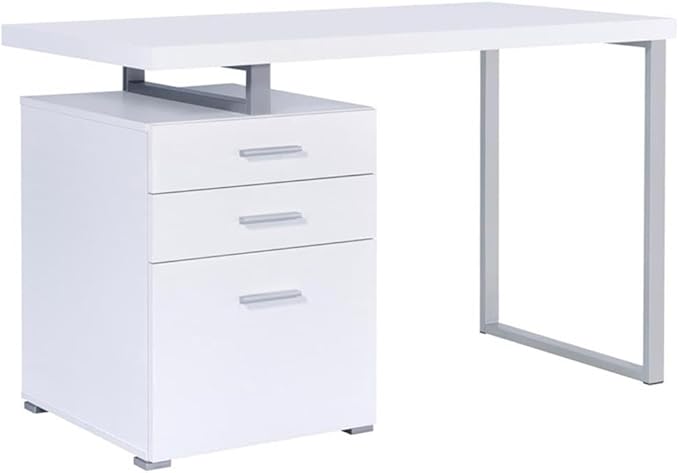 Pemberly Row Modern 3-Drawer Wood Office Desk 47.25 W x 23.5 D x 30 H White Finish Silver Metal Frame Spacious File Cabinet Reversible Setup Home Office Desk for Indoor Use