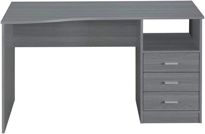 Pemberly Row Contemporary Writing Desk 51.25 in Wide Gray Finish Heavy-Duty Particle Board and Steel 3 Drawers Side Shelf Large Workstation or Drafting Table for Office or Home Use