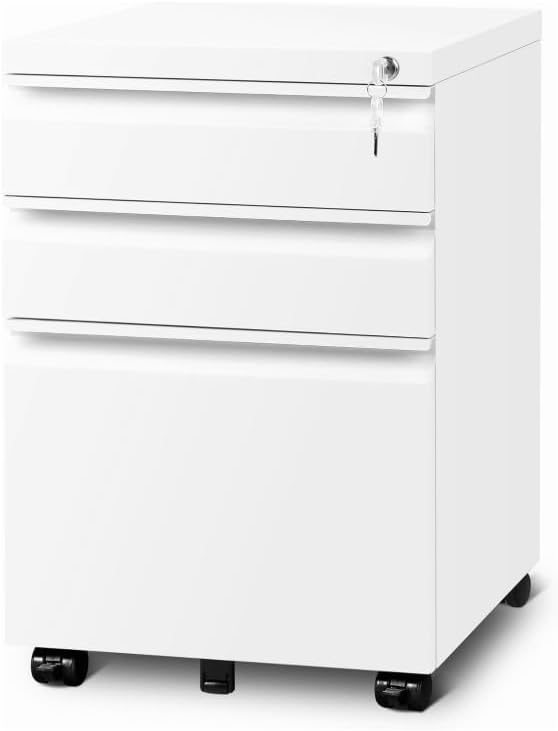 3 Drawer File Cabinet with 4 Wheels Capacity 120 Lb Locking File Cabinet- for A4 Letter-Head Legal-Size Folders - for Office&ampStudy White