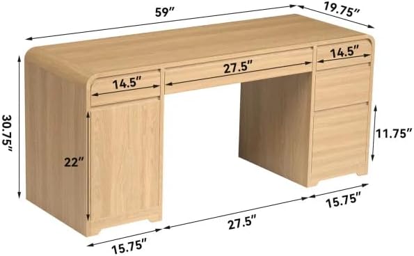 59-Inch Large Computer Desk with 5 Drawers and Storage Cabinet for Living Room Modern Wood Computer Desk for Home Office Bedroom Small Space Light Oak