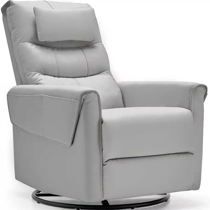 AIRSKY Leather Recliner Chair Top Grain Leather Italian Water-Washing Process Movable HeadrestRecliner Chairs for Adults Nursery Rocking ChairsSwivel Rocker Recliner Living Room ChairGreyR3