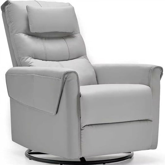 AIRSKY Leather Recliner Chair Top Grain Leather Italian Water-Washing Process Movable HeadrestRecliner Chairs for Adults Nursery Rocking ChairsSwivel Rocker Recliner Living Room ChairGreyR3