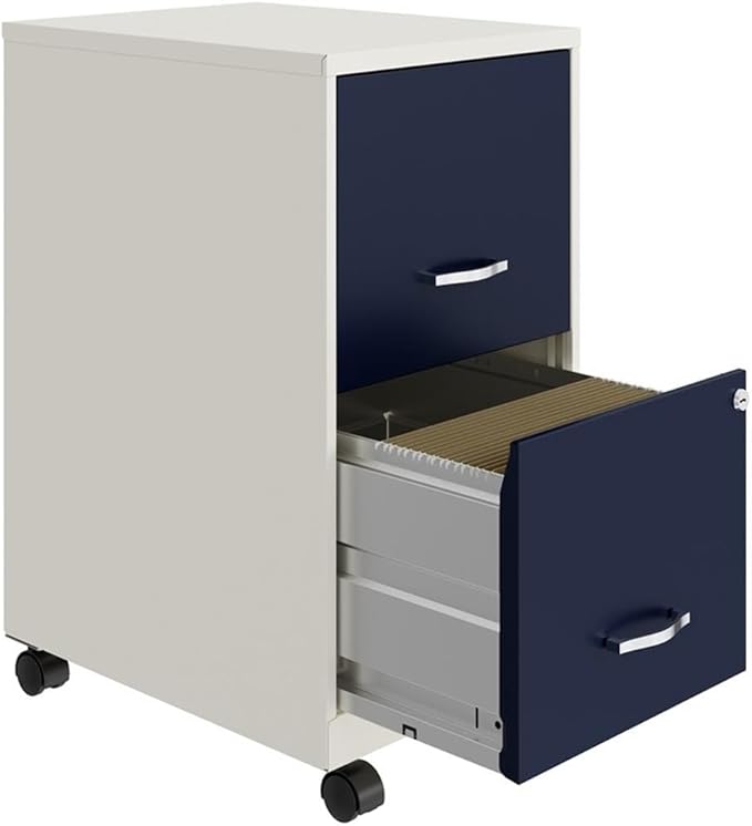 Pemberly Row 2-Drawer Mobile Metal Filing Cabinet 18 D White/Navy Finish Locking Drawers with Glide Suspension Letter-Size File Storage Compact Vertical Design for Home or Office