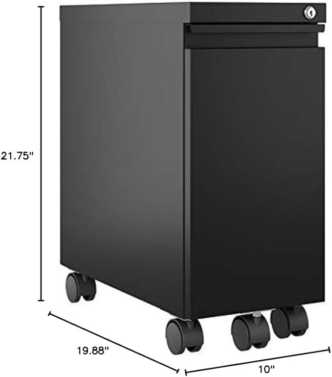 Hirsh 10 Wide 20 Deep Narrow Mobile Zip Pedestal File Cabinet with Hidden Drawer in Black