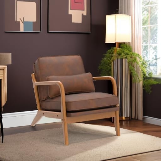 Karl home Accent Chair Mid-Century Modern Chair with Pillow Bronzing Cloth Upholstered Lounge Arm Chair with Solid Wood Frame &amp Soft Cushion for Living Room Bedroom Balcony Brown