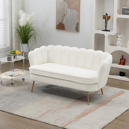 59 Wide Modern Boucle Loveseat Small Sofa Small Mini Room Couch 2-Seater Sofa with Gold Metal Legs for Space Office Studio Apartment Bedroom (Ivory)