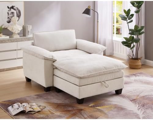 51-Inch Wide Oversized Chenille Recliner Sofa Ottoman with Storage - Upholstered Lounge Chair (Beige)