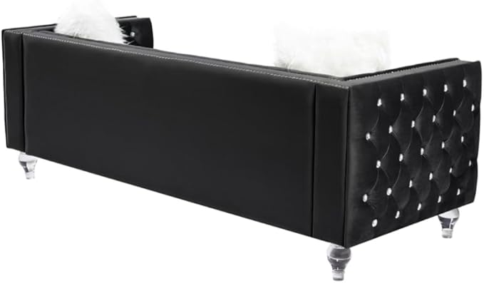 i-POOK 83 W 3 Seat Velvet Couch Chesterfield Sofa with 2 Plush Pillows Crystal Legs and Nailhead Trim Arms Button Tufted Black Couch for Living Room Office Guests Room