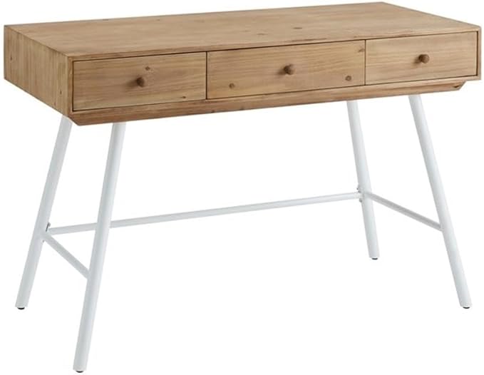 Riverbay Furniture Modern Wood and Metal Desk 44 w x 22.75 d x 30 h Fir Wood Top Powder-Coated White Iron Base 3 Storage Drawers Leveling Legs Home Office or Craft Workspace