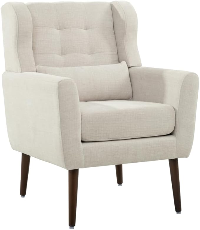 Modern Accent ChairChenille Arm Chairs for Living RoomUpholstered Mordern ArmchairComfy Soft Padded Lounge Chair in Small Space Bedroom w/Pillow Solid Wood Leg (Beige + Chenille)