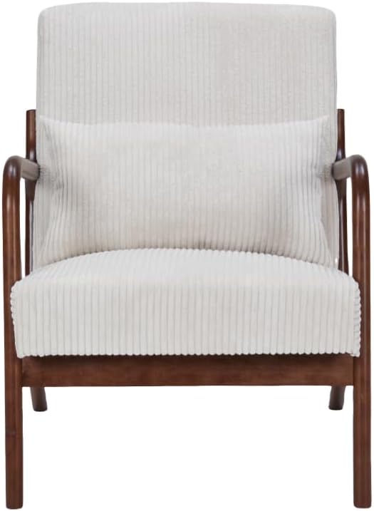 GDFStudio Aogex Upholstered Armchair Corduroy Club Chair Accent Chair Solid Wood Single Sofa Lounge with Armrest Comfort Seating with Lumbar Support for Reading Living Room Home Beige+Walnut