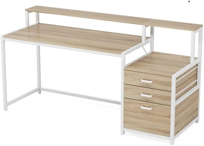 63 Inch Computer Desk with Monitor Stand 2-Tier Home Office Desk with Storage Drawers Modern Gaming Writing Study Table for Home Office Bedroom (Natural 63 Inch)