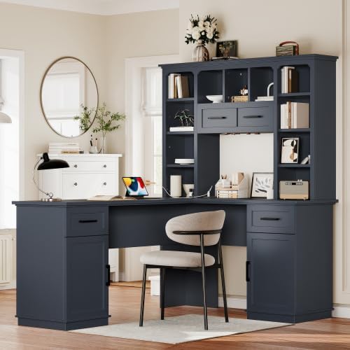 Bellemave L-Shaped Computer Desk with Drawers Hutch and Bookshelf Home Office Desk Corner Gaming Computer Desk with Power Outlet Study Table Writing Desk Antique Blue